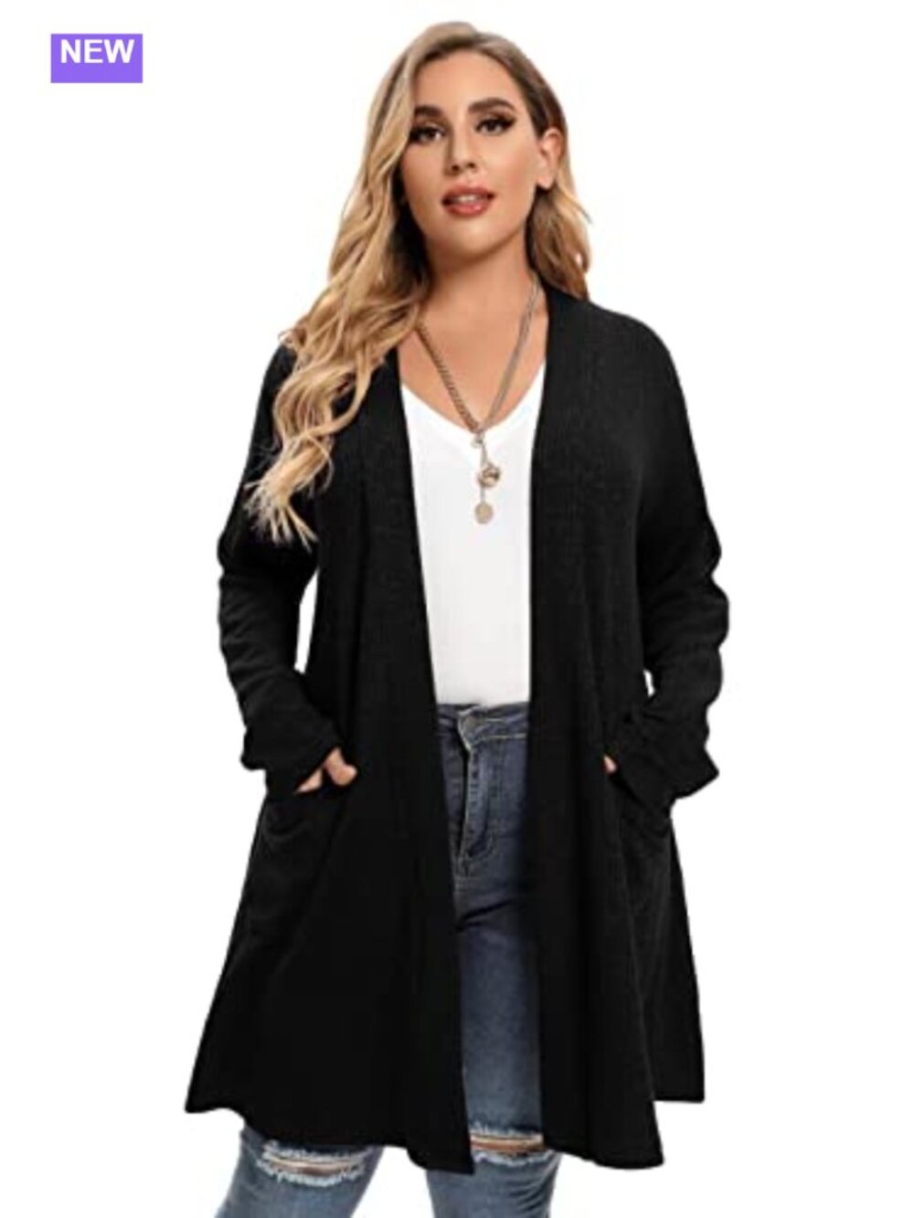 LARACE Open Front Knit Plus Size Cardigan Sweater with Pockets